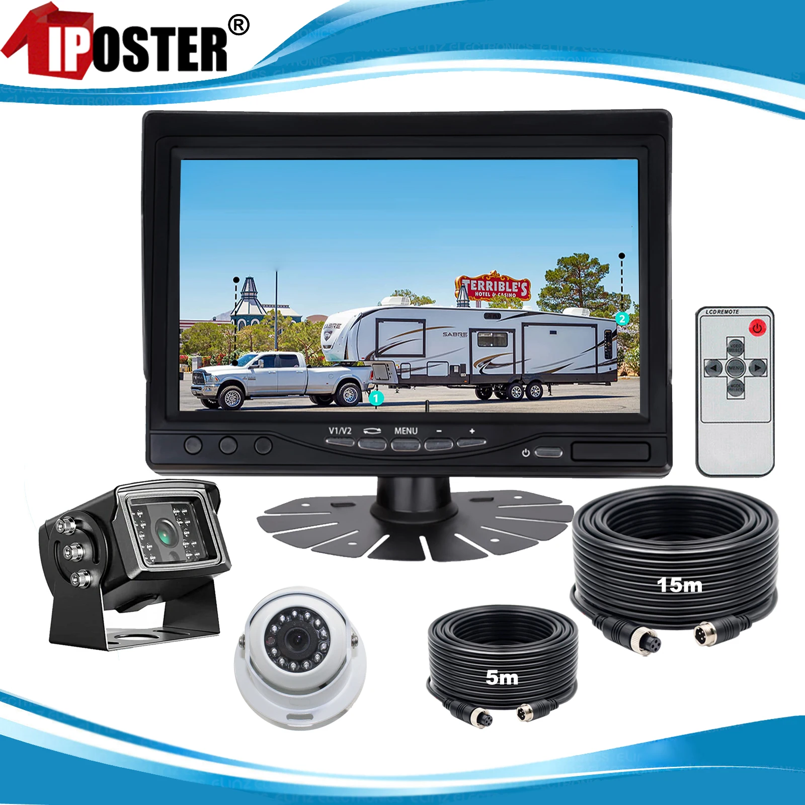 iPoster 7 Inch LCD Screen Monitor 2x 4PIN Dome Eyeball+Square Rear View Reversing Cameras 12-24v For Truck Trailer Motorhome