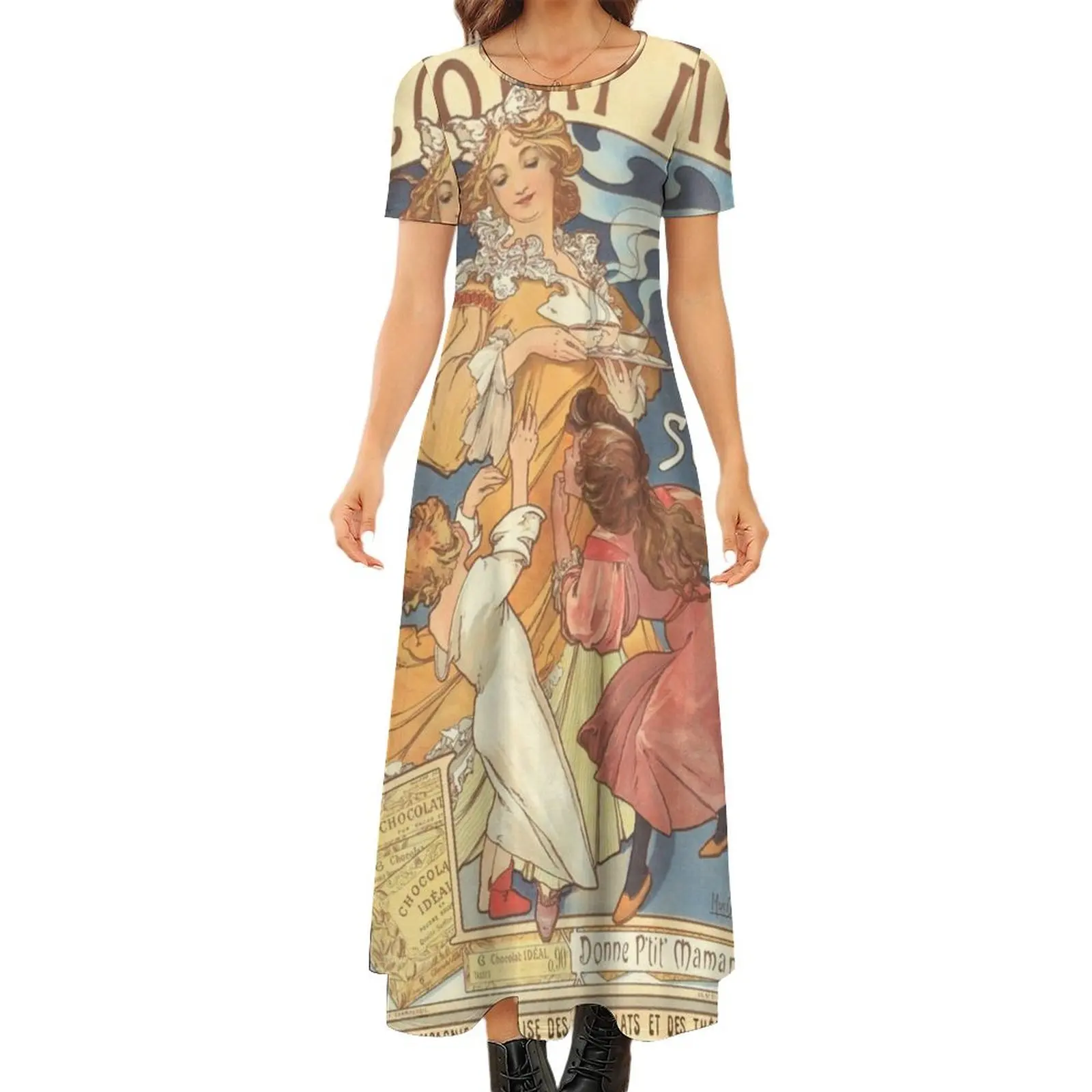 

Chocolat Ideal, by Alphonse Mucha. HIGH DEFINITION Round Neck Short Sleeve Dress Long dress Womens dresses evening dress woman