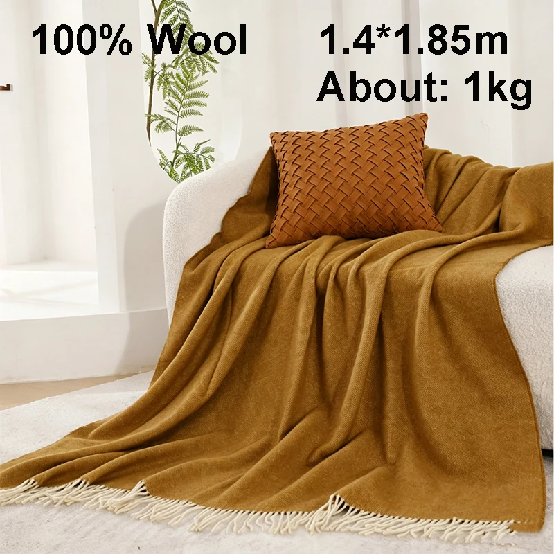 100% Wool Blanket For Couch 1.4*1.85m Warm Napping Merino Fleece Blankets Sofa Camping Four-Season Wool Tassel Shawl Blankets