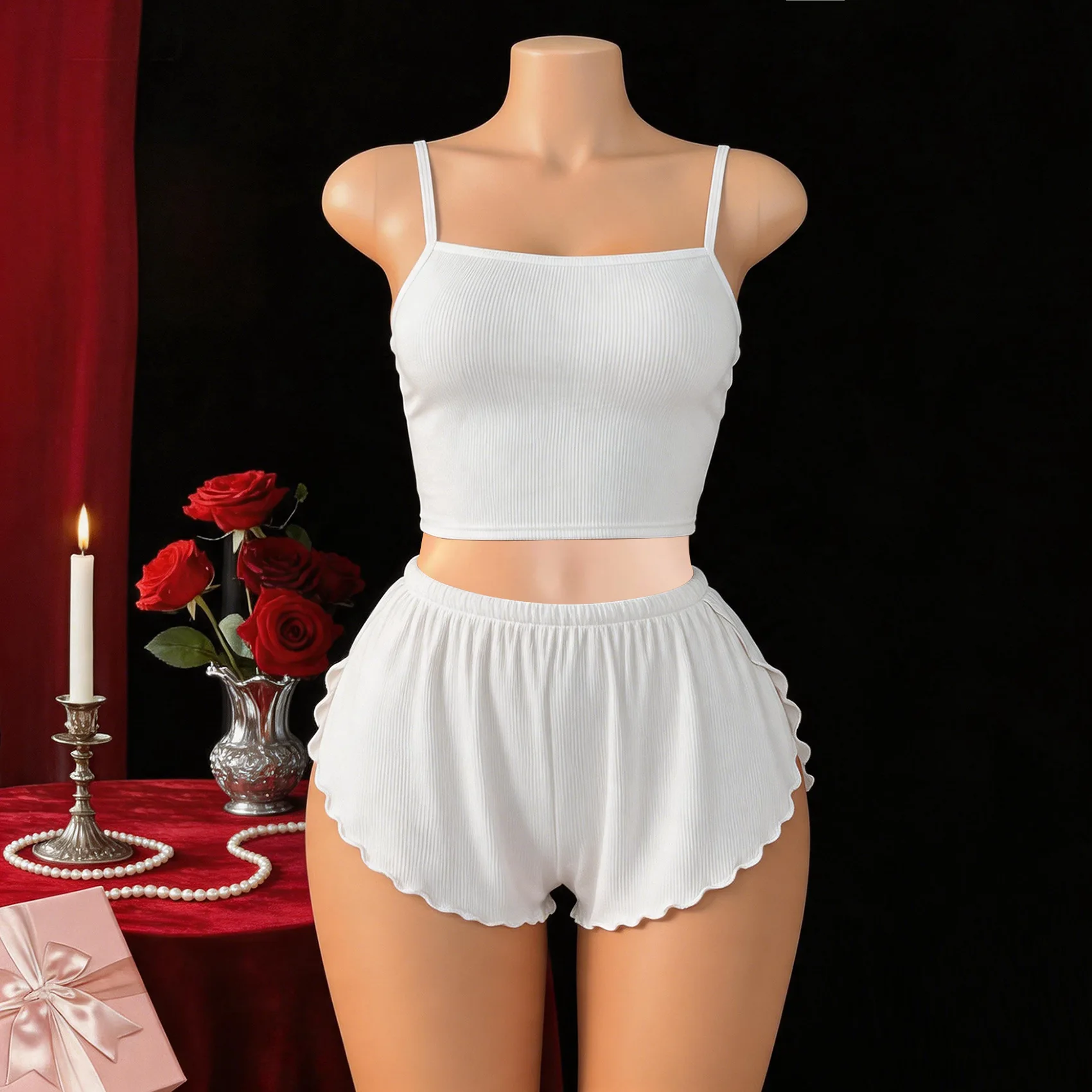 2 Piece Western Camisole Slit Sexy Women Underwear Cami Top Backless Cross Strap Lace Loungewear Homewear Shorts Lingerie Set
