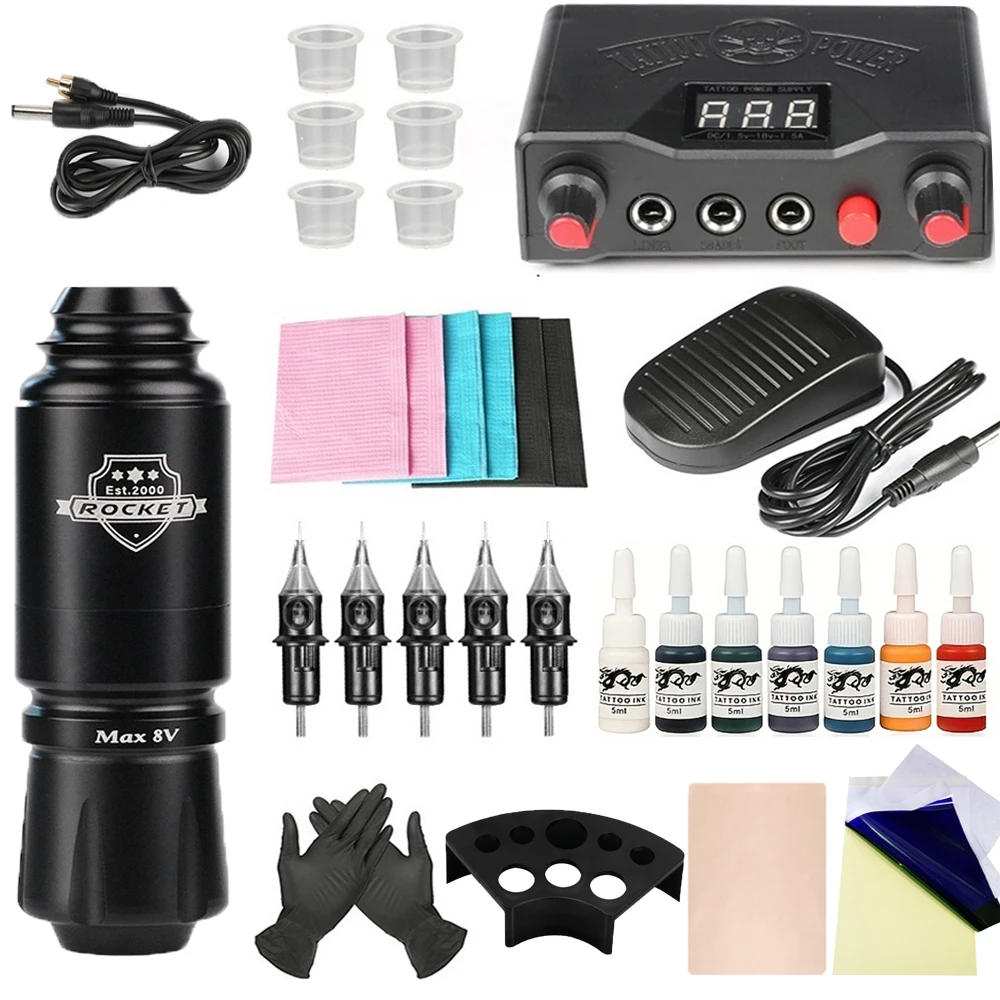 

Complete Tattoo Machine Kit For Beginner Rocket Rotary Pen Set With Digital Tattoo Power Supply Cartridge Needles Makeup Tool