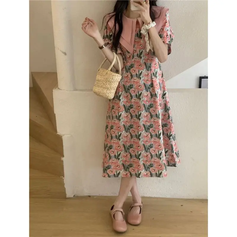 Gaganight Women Double Layered Doll Navy Collar Dress 2024 Summer New Fashionable Temperament Waist Length Floral Dresses Female