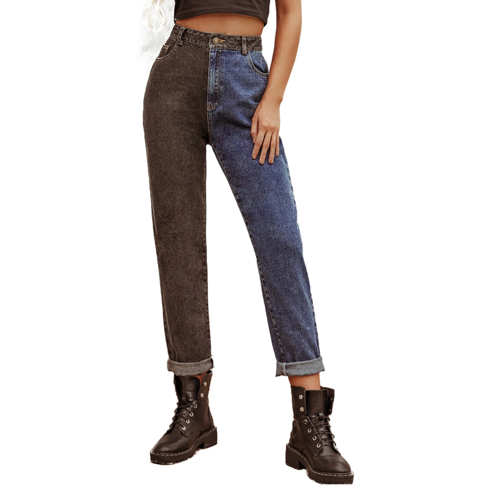 Taille haute Colorblo Denim décontracté Vintage jambe droite pantalon femmes rue Sle été Faion pantalons longs