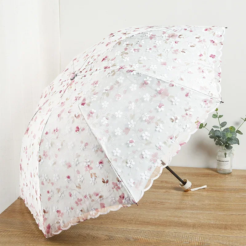 Japanese Aesthetic Floral White Mesh Cover Sun Umbrella Women Travel Walk Shopping UV Proof 3-fold Manual Flower Rain Umbrella