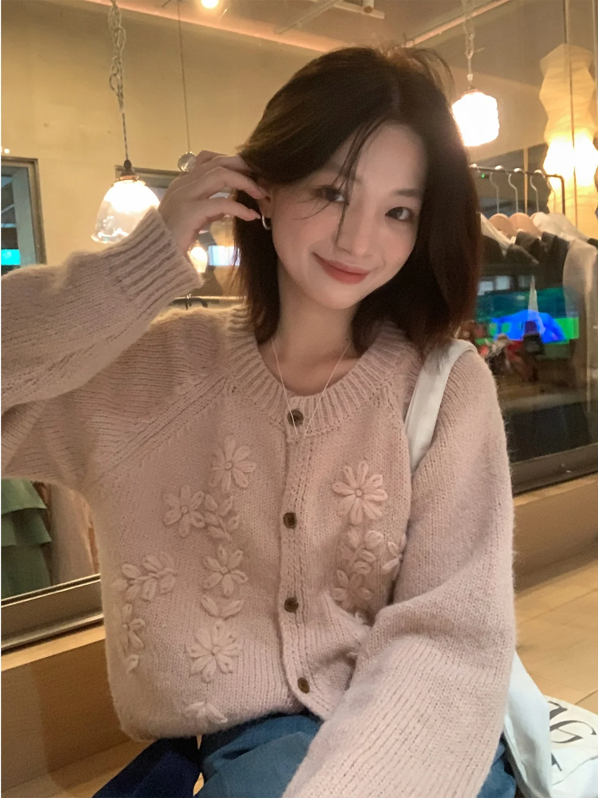 

Sisilyon Handmade Knitted Sweater Coat Women's Small Size Autumn Winter Aosphere Flower Hooking Long Sve round Ne Coat