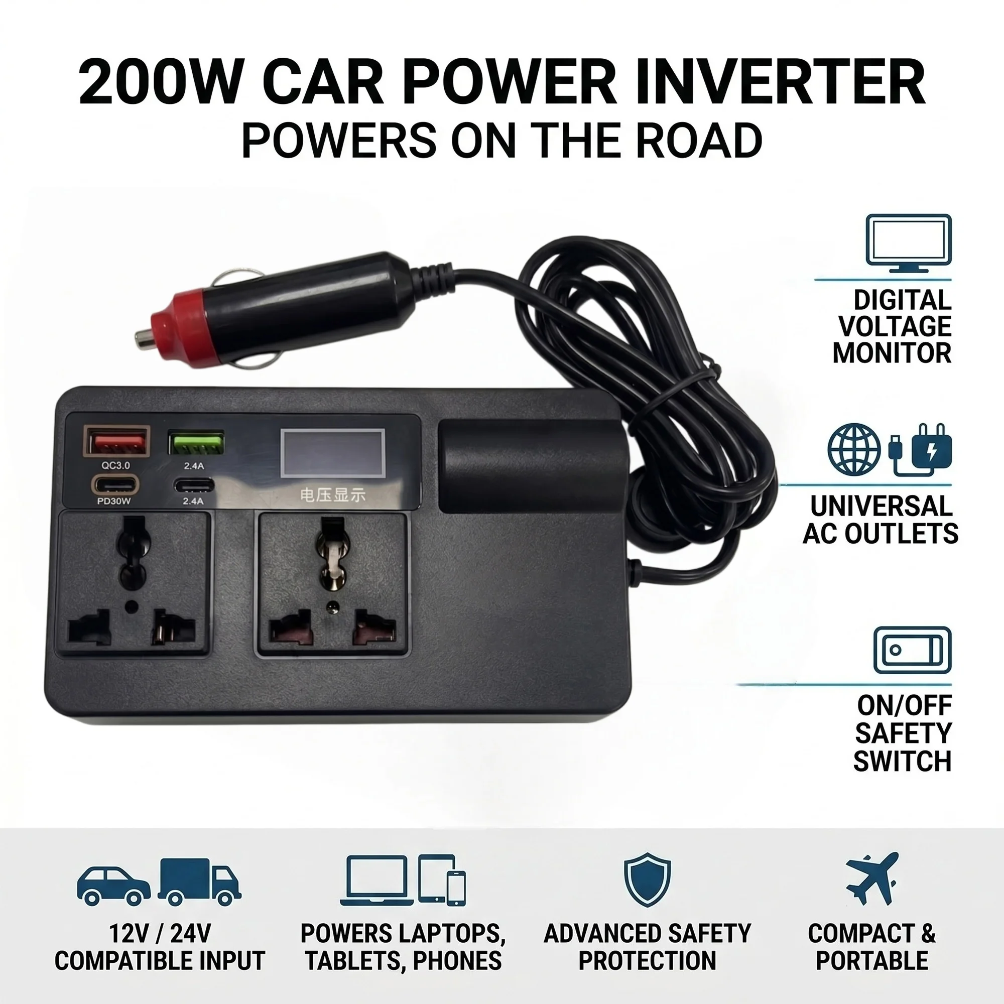 Car Power Inverter DC 12V/24V to AC 220V Converter PD30W Type-C & QC3.0 USB Charger Dual Outlet Adapter Auto Voltage LED Display