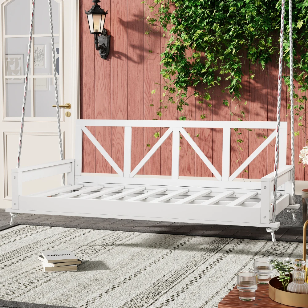 

Acacia Wood Twin Size Patio Swing Bed Modern Porch Swing Hanging Bed Frame with 16.4ft Hemp Ropes for Garden,Backyard,White