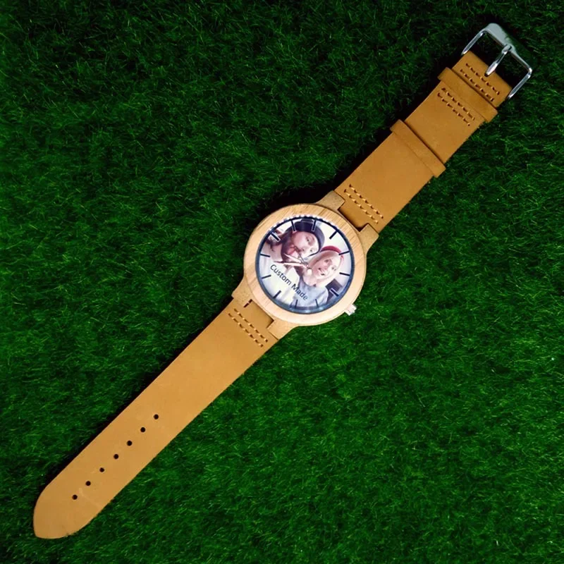 A 3316M Bamboe Hoes Lederen Band Print Met Uw Eigen Foto Groot Formaat Hout Heren Aangepaste Horloge