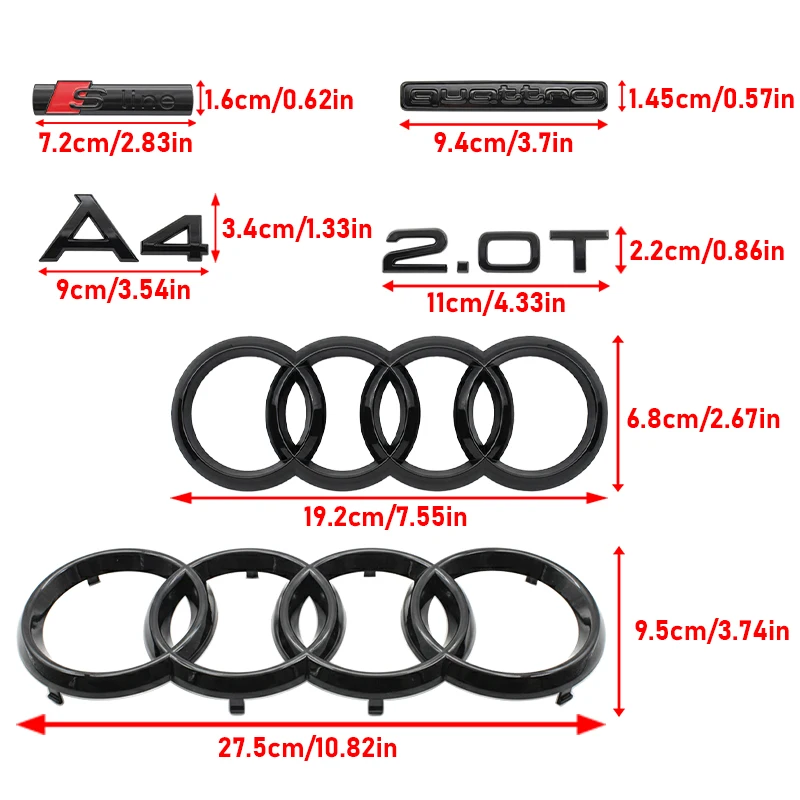 Emblema Logo A4 a 4 Anelli in ABS Nero per Audi A4 2008-2017, Adesivo per Griglia Anteriore e Bagagliaio, Accessorio Emblema Quarrto Sline