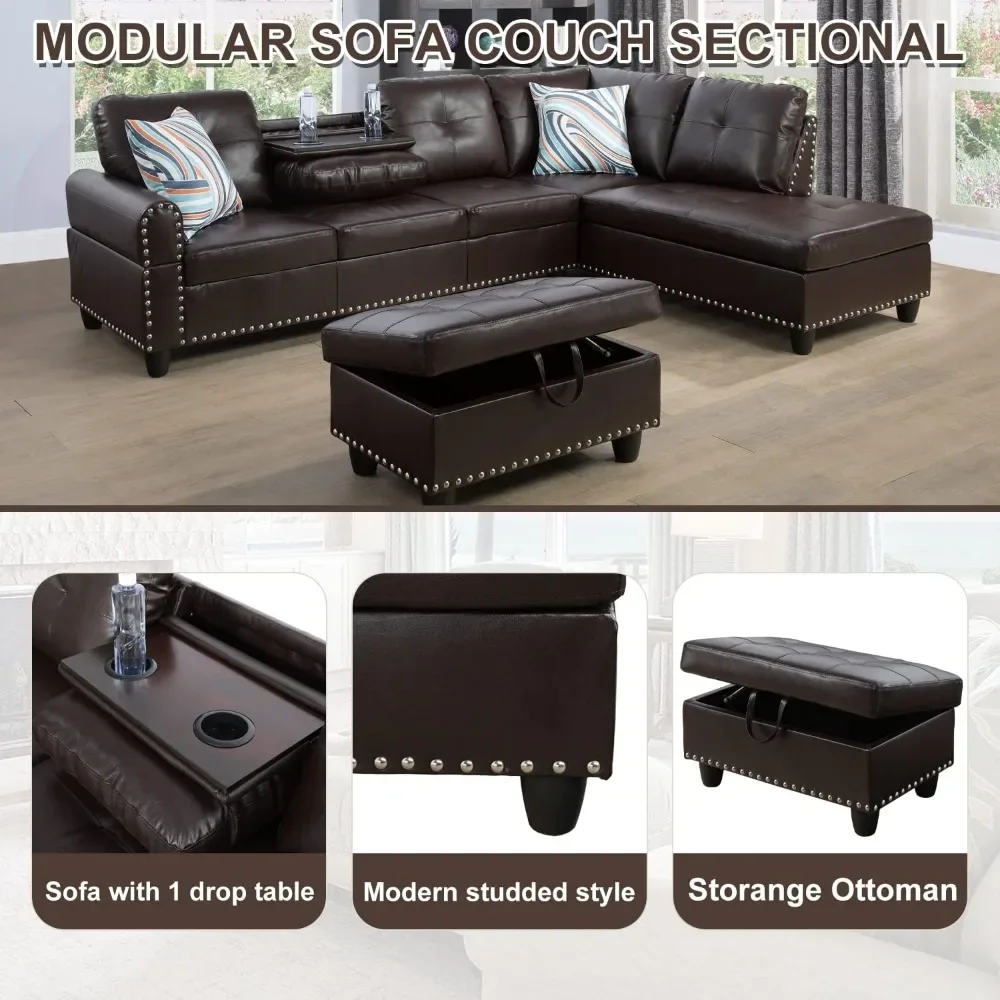 L-Shaped Living Room Combo Sectional, Button Tufted Upholstered with Recliner and Storage Ottoman, L-Shaped Combo Sectional