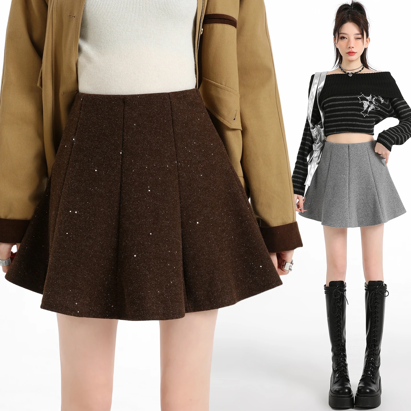 Y2K تنورة صوفية نسائية مطرزة ميدي عالية الخصر مطوي رقيق ألف خط تنورة قصيرة الخريف الشتاء