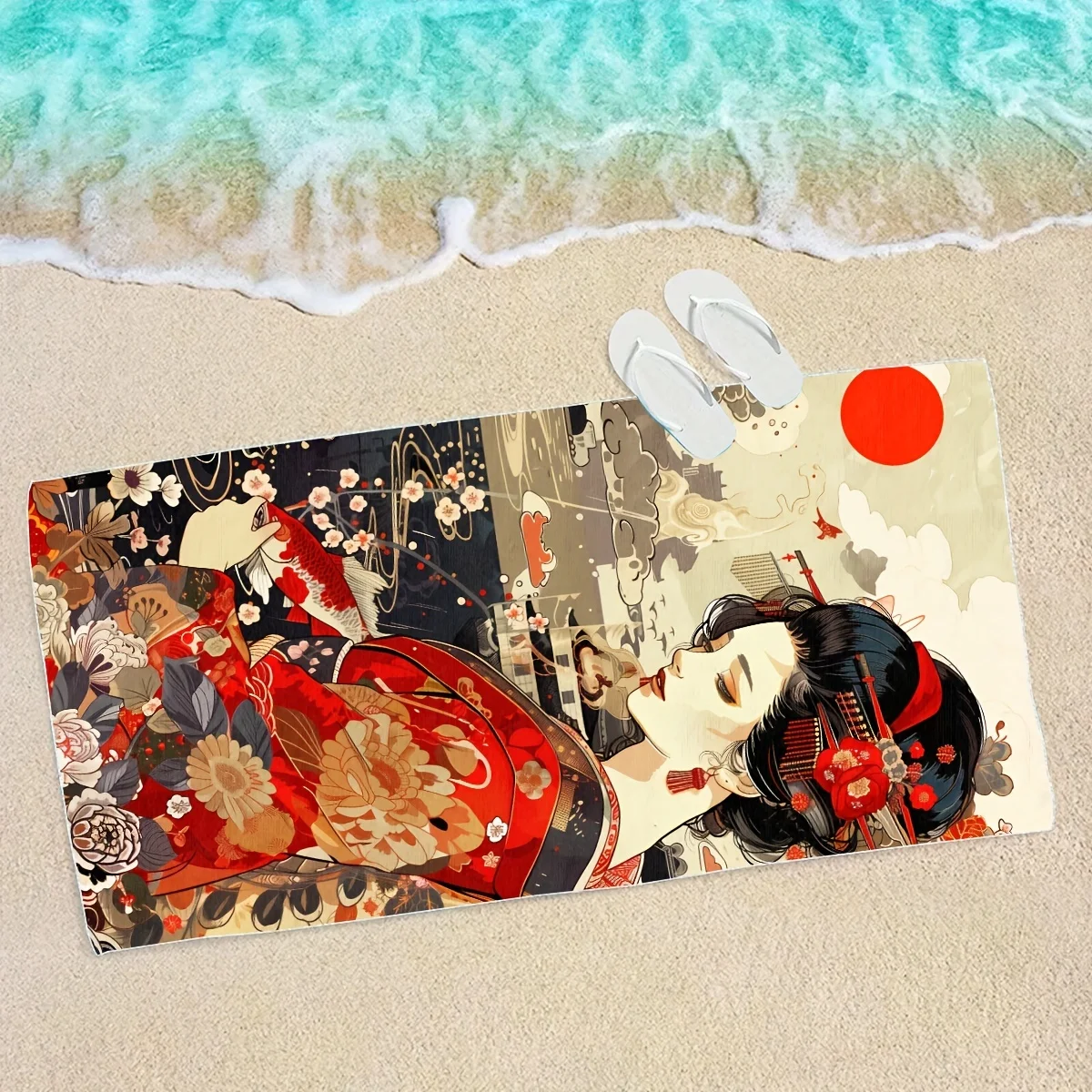 Geisha Art Beach Towel, Japanese Cultural Style Quick-Dry Sand-Free Microfiber Bath Towels for Yoga, Swim, Travel and Camping
