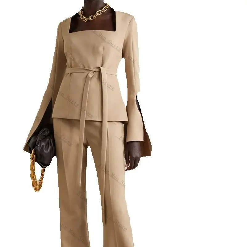 Ensemble de costumes kaki pour femmes, 2 pièces, Blazer ceinturé + pantalon évasé, col carré, veste de bureau personnalisée, manteau de smoking de mariage