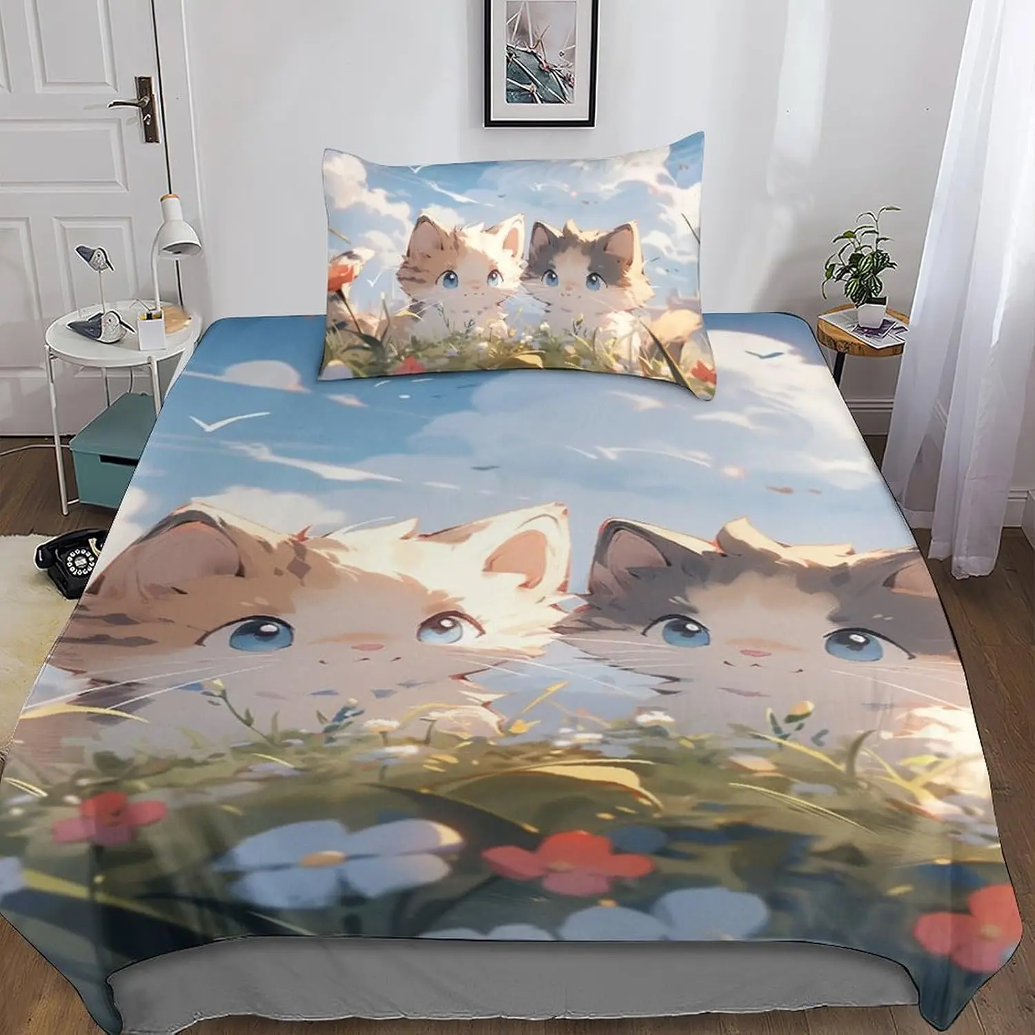 Anime Kitten Duvet Cover Set 3D Printed Bedding Set with Pillow Shams Cute Pets Cartoon Quilt Cover Kids Teens Adults Single