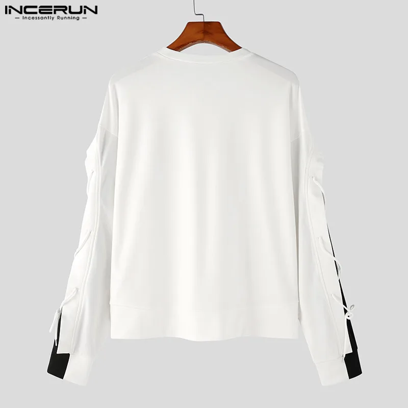 Men T Shirt Patchwork Lace Up O-neck Streetwear Long Sleeve Casual Tee Tops Men Korean 2023 Loose Stylish Men Clothing INCERUN