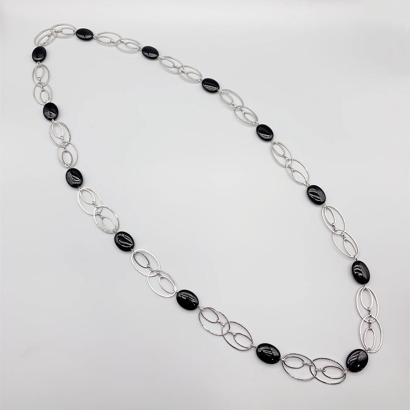 

FoLisaUnique 13*18mm Oval Black Onyx Silver Link Chain Necklace Neutral Long Trendy Stone