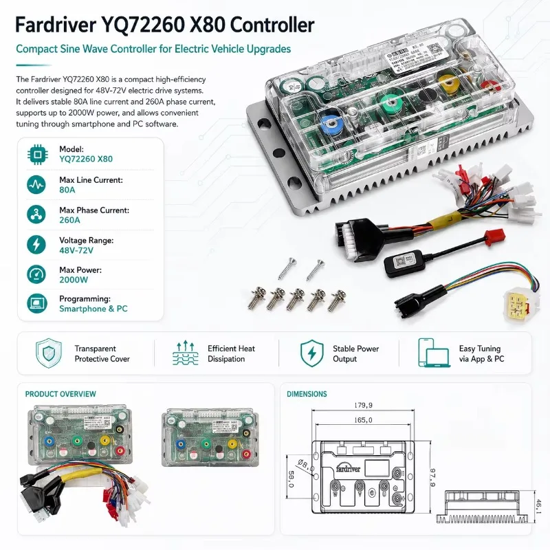 Intelligent Programmable 72v Sinewave Controller for Electric Motorcycles for 80A/260A Modifciations