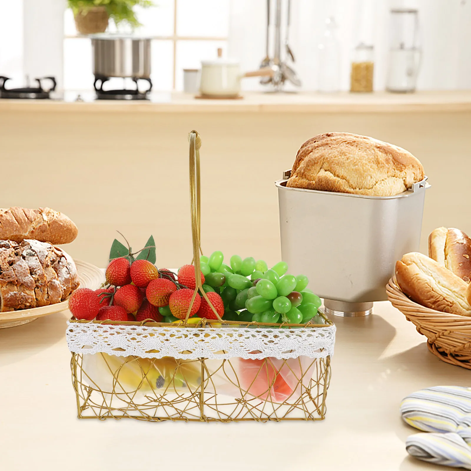

Stable Metal Fruit Storage Basket Handle Lightweight Picnic Serving Dessert Snack Egg Bread Basket Kitchen Restaurant Home Gift