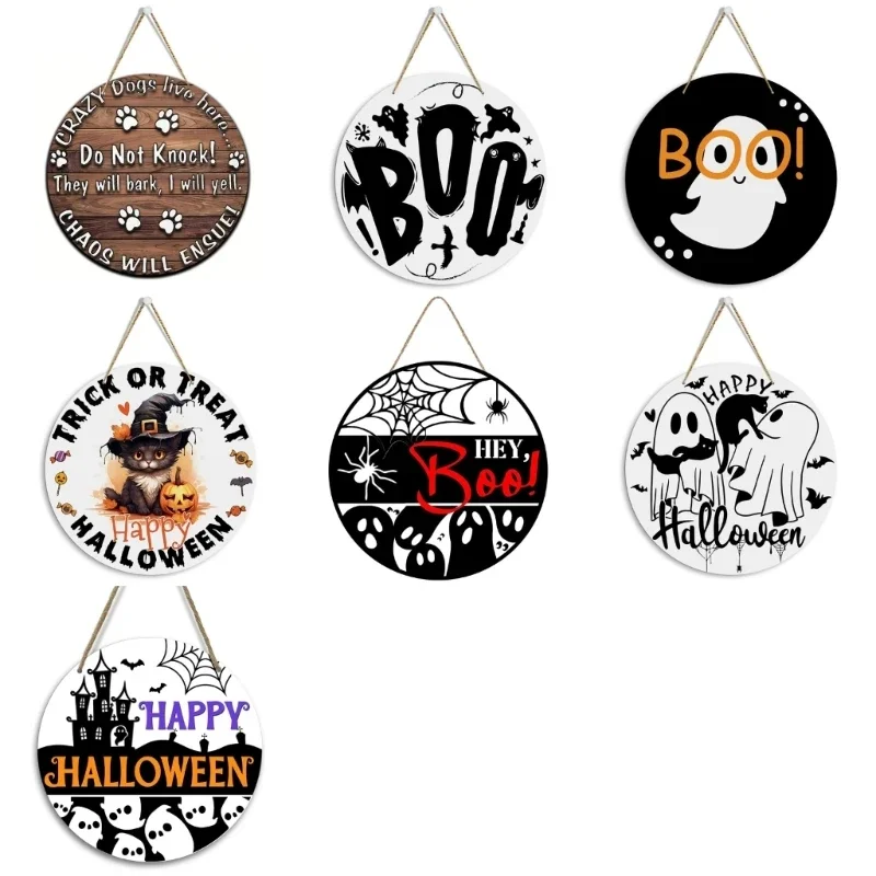203F Wall Hanging 8Inch Boo Sign Ghostly Pattern Halloween Front Door Decors
