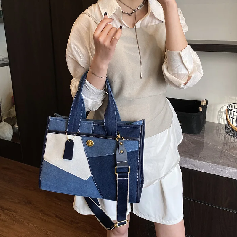 

Large Capacity Denim Crossbody Shoulder Bag for Women Fashion Handbag Splicing Work Commuting Bag Wide Strap Diagonal Carry Bag