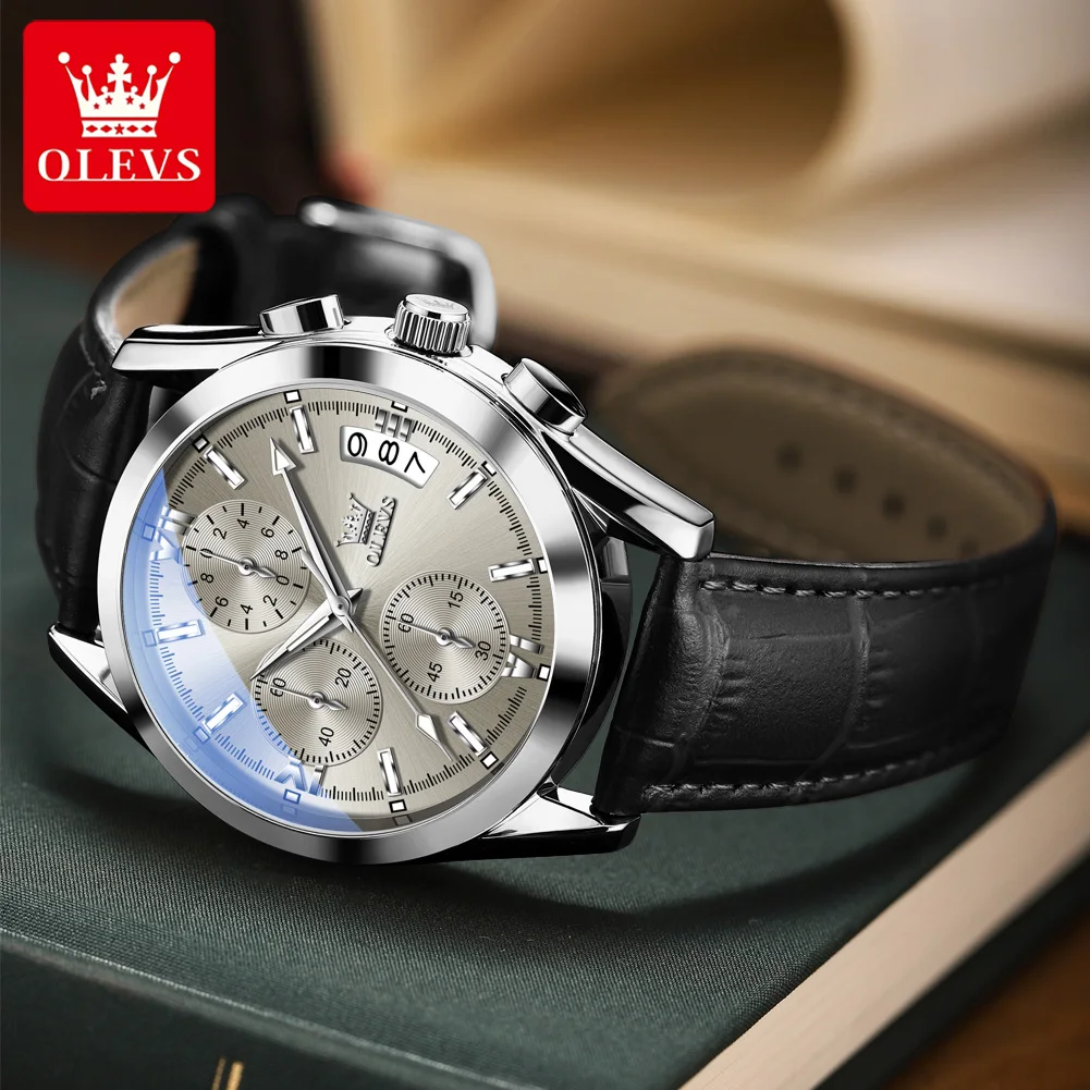 OLEVS 2987 Men Watch Auto Date Multi-functional Waterproof Leather Strap Quartz Wristwatch for Men