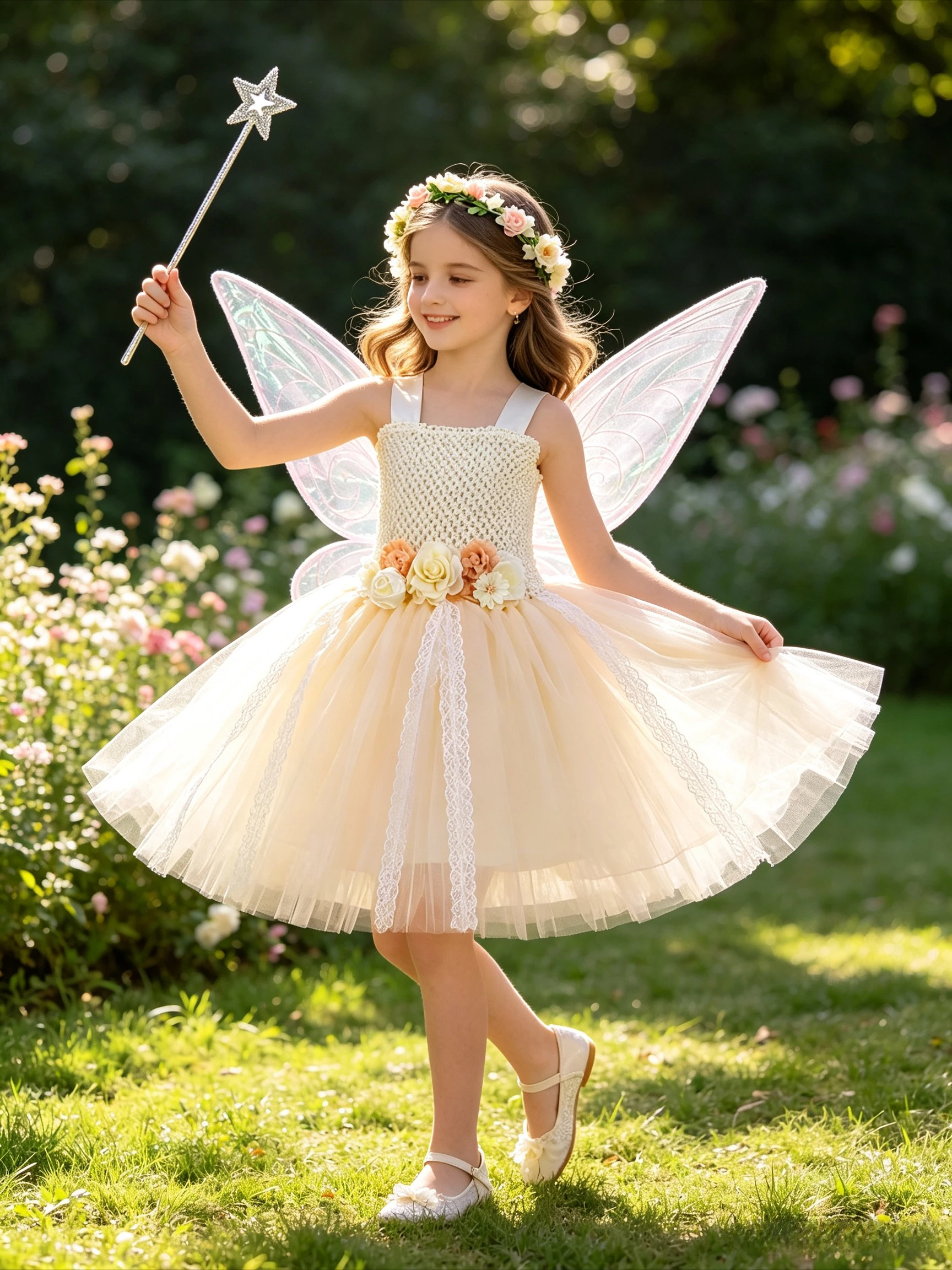 Children Flower Forest Fairy Graceful And Ethereal Mesh Tutu Dress Floral Decoration With Wings Wand For Halloween Party Outfit