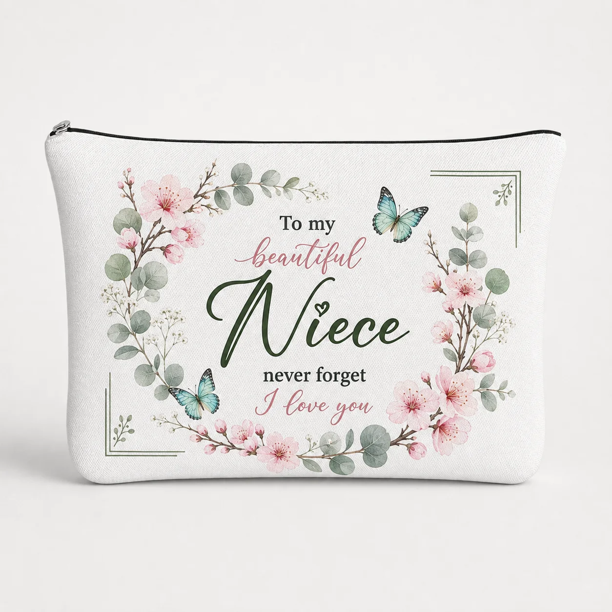 Personalized Custom Name text Floral Butterfly Print Makeup Bag Cosmetic Bag Inspirational Gift Zipper Pouch Travel Storage Bag
