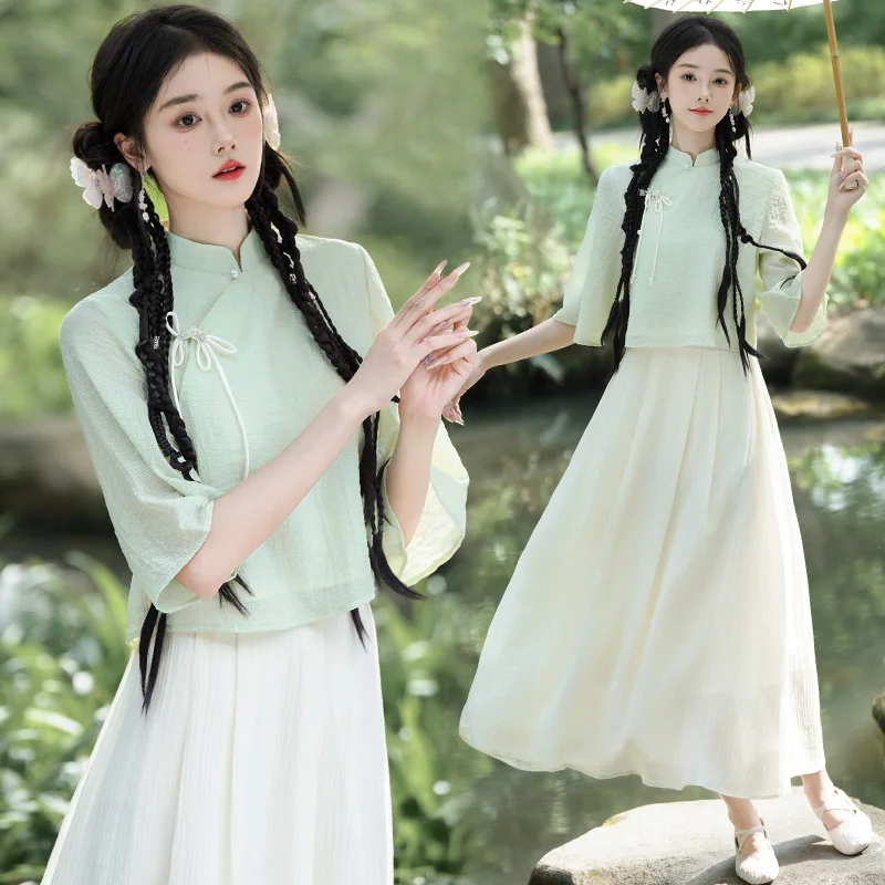 

Ele Chinese Sle Hanfu Retro Stand Collar Side Button mid Sve Top And f Skirt Set with Slit for Young Women