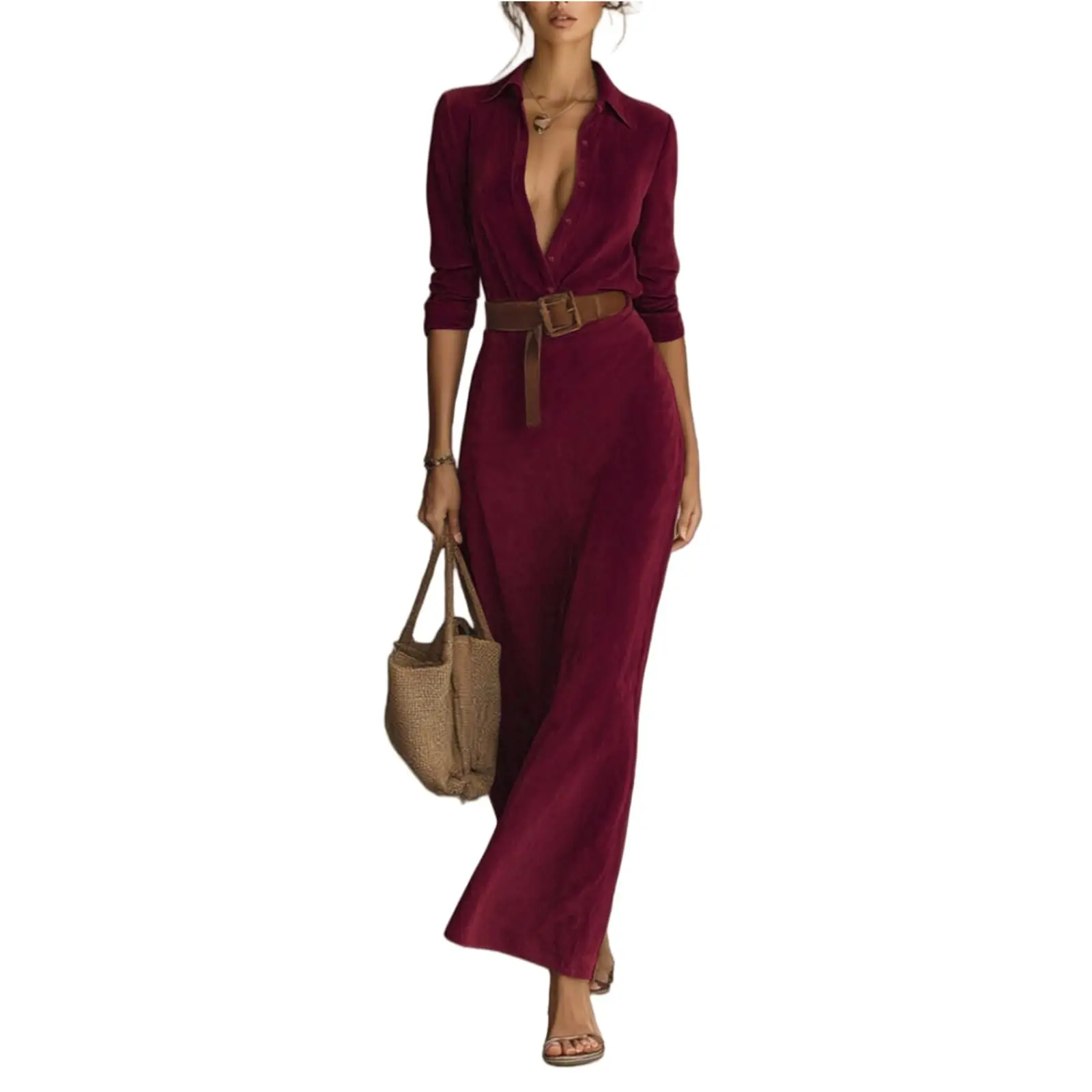 Women's Minimalist Solid Belted Lapel Shirts Dress Winter Long Sleeve High Waisted Suede Dress Female Casual Party Maxi Dresses
