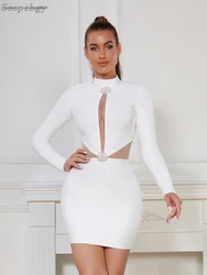 2022 Spring And Autumn New Fashion Women's Clothes Long Sleeve Chest Hollow Design Pearl Button  Sexy Mini Tight Bandage Dress