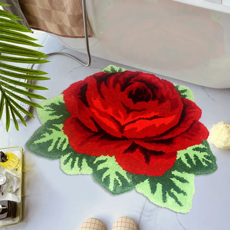 Red Rose Carpet for Livingroom/Bedroom/Bathroom/Wedding Rug Soft Shaggy Plush Washable Absorbent Area Rug Bath Mat