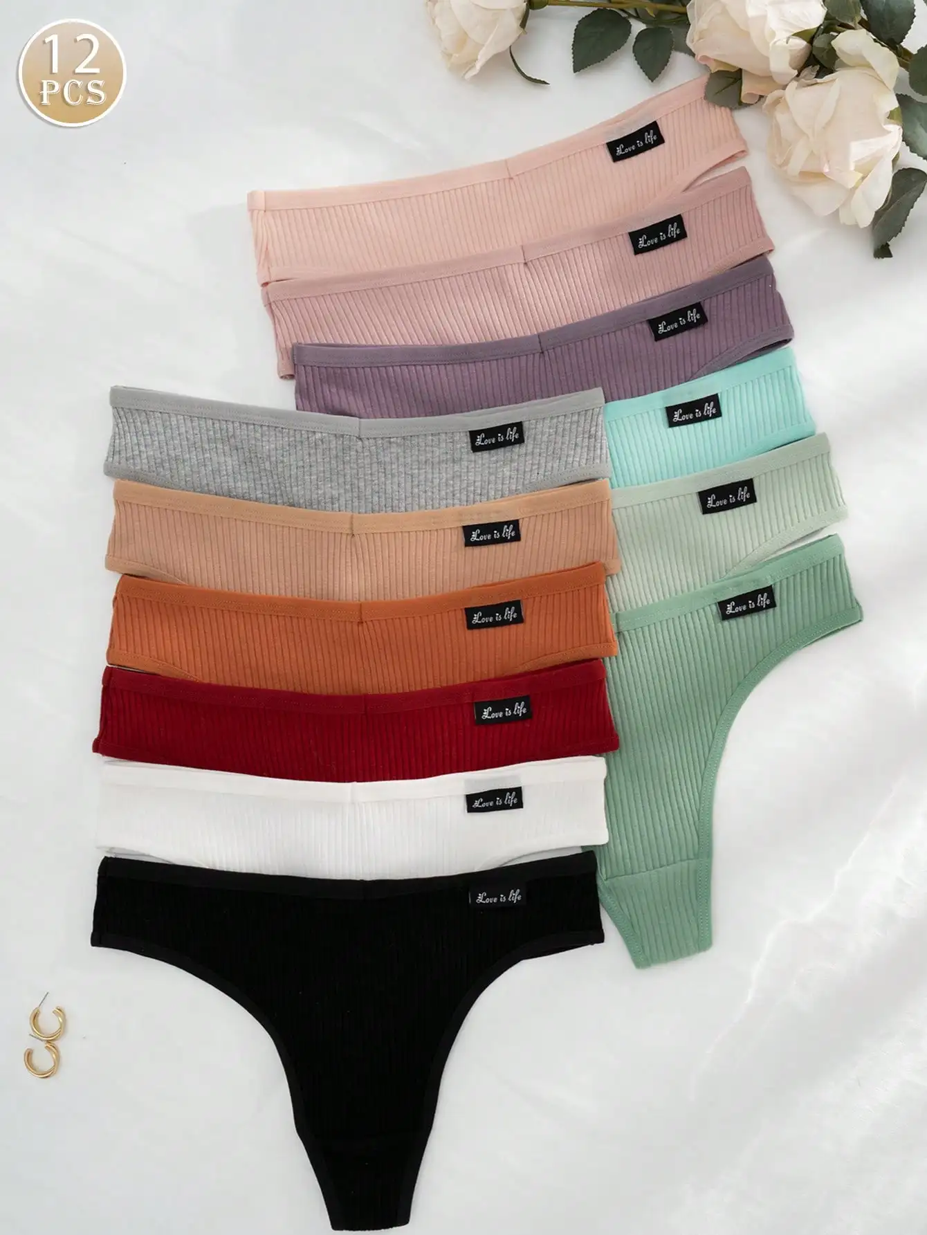 12Pcs Morandi Vertical Ribbed Cotton Thong Panties, Low Waist Seamless T-back Underwear, Breathable Cotton Crotch Invisible Brie
