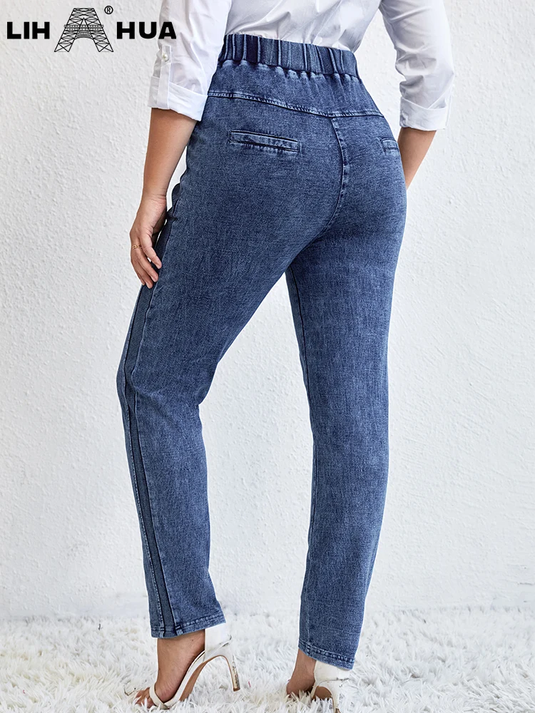 LIH HUA Women\'s Plus Size Jeans Autumn High Stretch Cotton Knitted Denim Trousers Casual Jeans