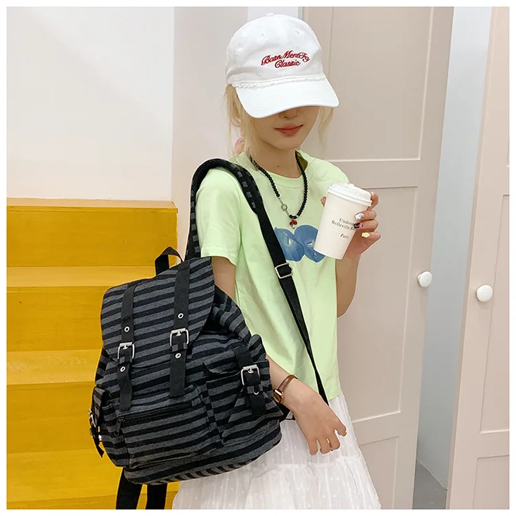 High Quality Korean Style Retro  Backpacks Drawstring Design Flat Stripe Bookbags Large Capacity Soft Tote Bags Unisex