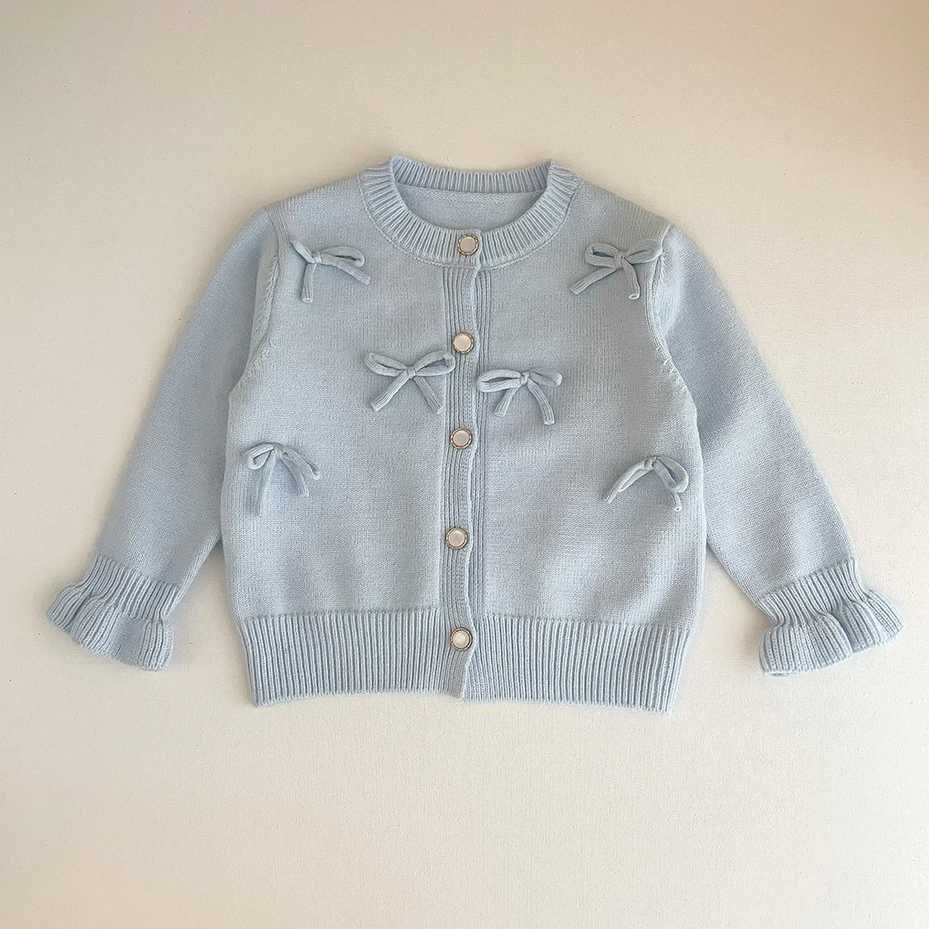 2024 Autumn Winter New Girls Bow Knitted Cardigan Sweater Jacket Cute Baby Sweet Top Korean Fashion Casual Fashion