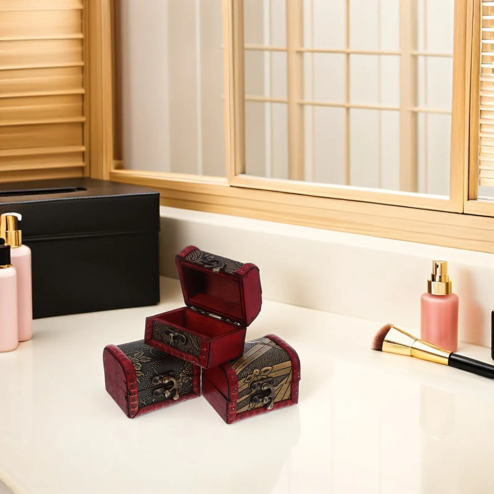 

3Pcs Mini Vintage Wooden Chest Box Retro Jewelry Storage Organizer Small Trinket Box with Hasp for Desktop Bedroom
