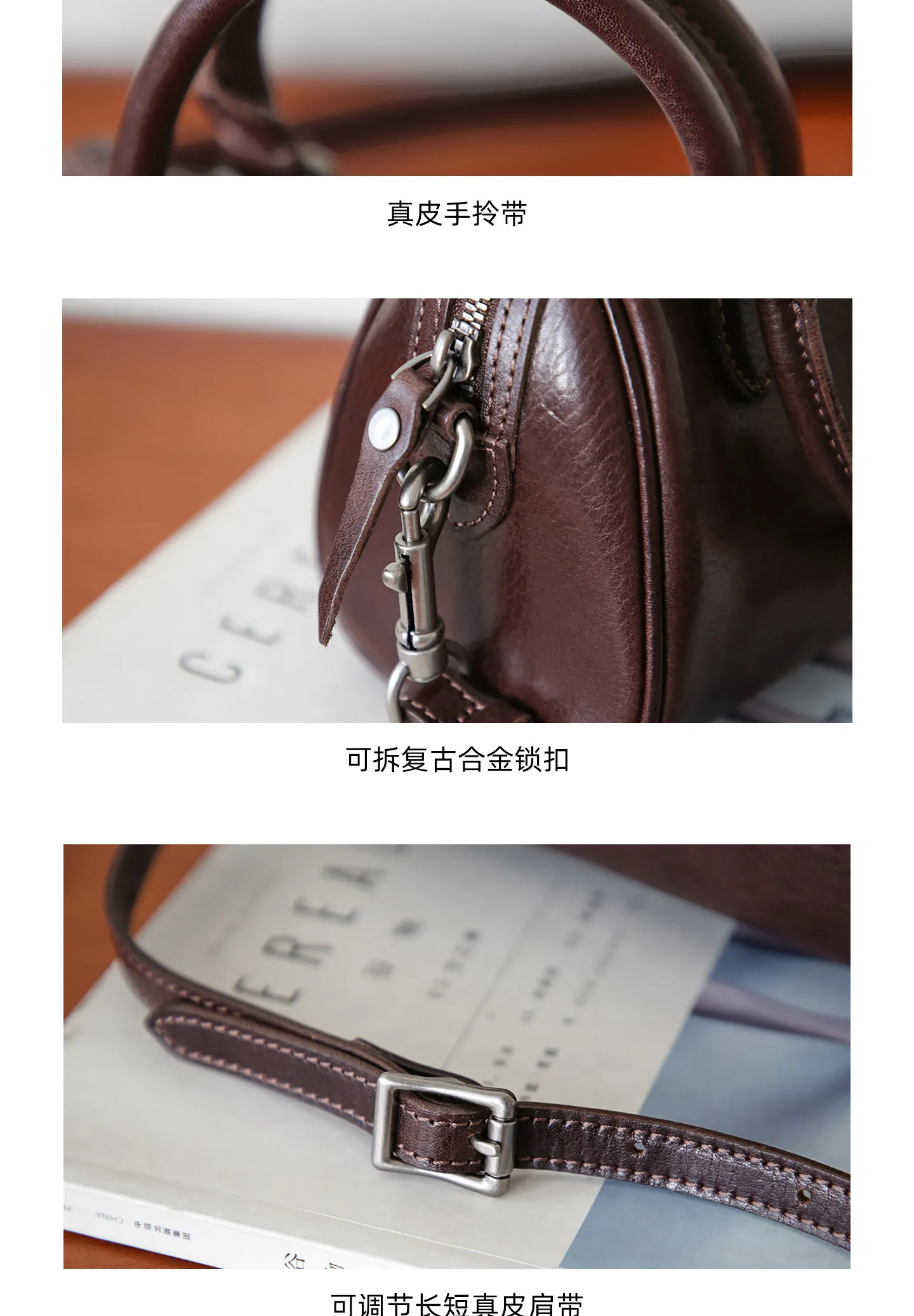 PNDME schlichte Vintage-Handtasche aus hochwertigem Rindsleder für Damen, lässige Party-Luxus-Umhängetasche aus echtem Leder. – Detail 3