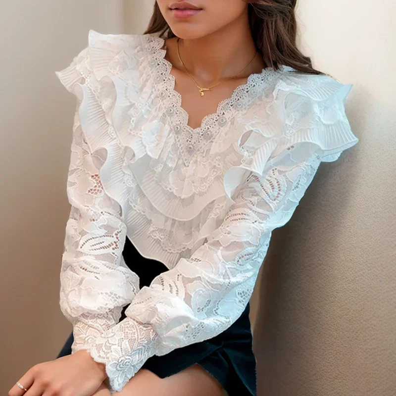 2023 Layered Ruffled Long Sleeve White Lace Blouse Women V-neck Elegant Pleated Shirt Ladies New Hollow Crochet Loose Tops 29819