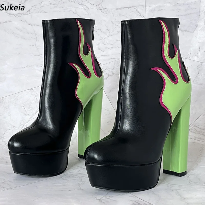 

Sukeia Женские зимние ботильоны ручной работы с пламенной молнией сзади, круглым носком, на массивном каблуке, зеленая обувь для вечеринок, женские размеры США, большие размеры 5-20