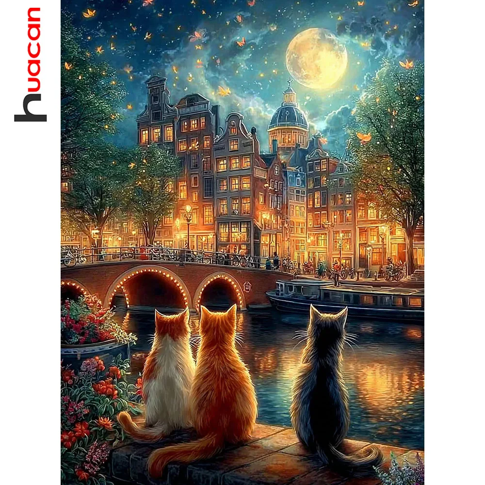 Huacan Full Diamond Painting Moon City Cats Diamond Mosaic Landscape Complete Kit Decorative Paintings