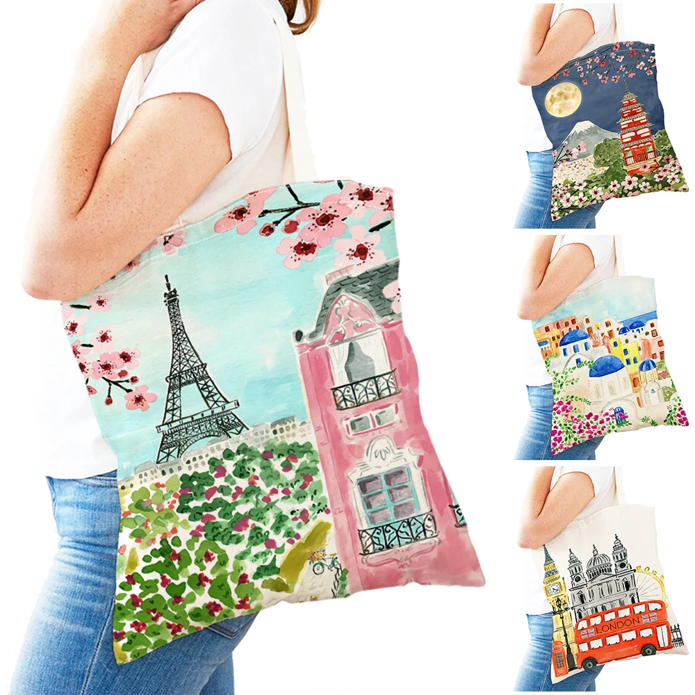 Travel to City Lady Shopper Bag Double Print London Paris Handbag Eco Casual Canvas Women Shopping Bags Children Gift Tote