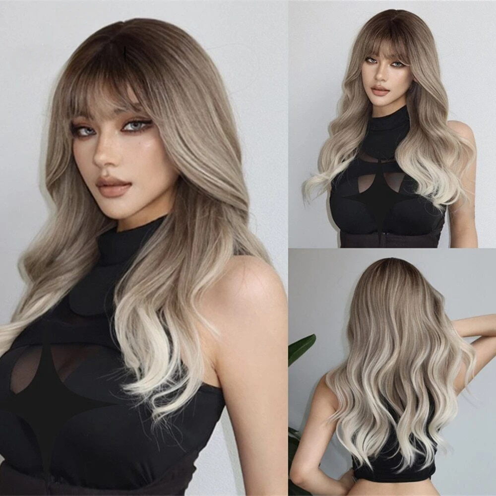 Long Wavy Full Hair OMbre Brown Gray Bangs Women's Cosplay Hair Wigs