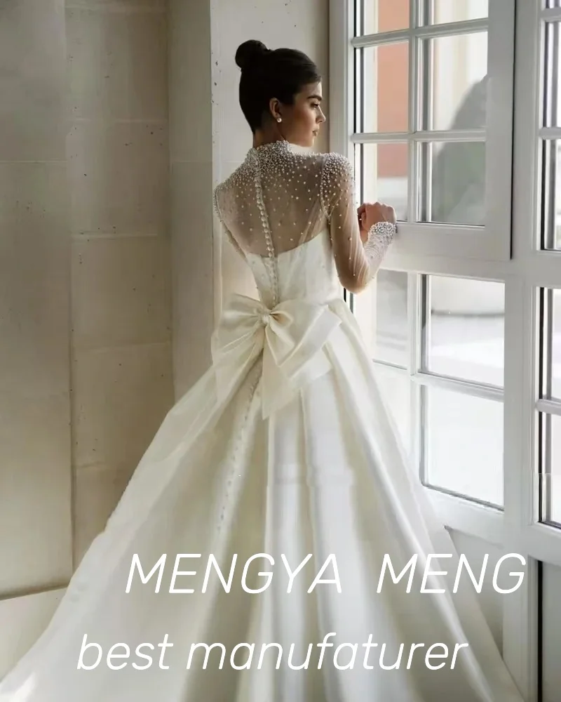 2025 High End Customized Luxe Satin A Line Wedding Dress Lavish Design High Neck Beaded Long Sleeve Princess Bridal Gown 2025