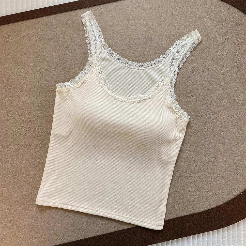 New Cotton Lace Camisole Breathable Solid Color Push Up Bra Lace Trim Underwear with Chest Pad