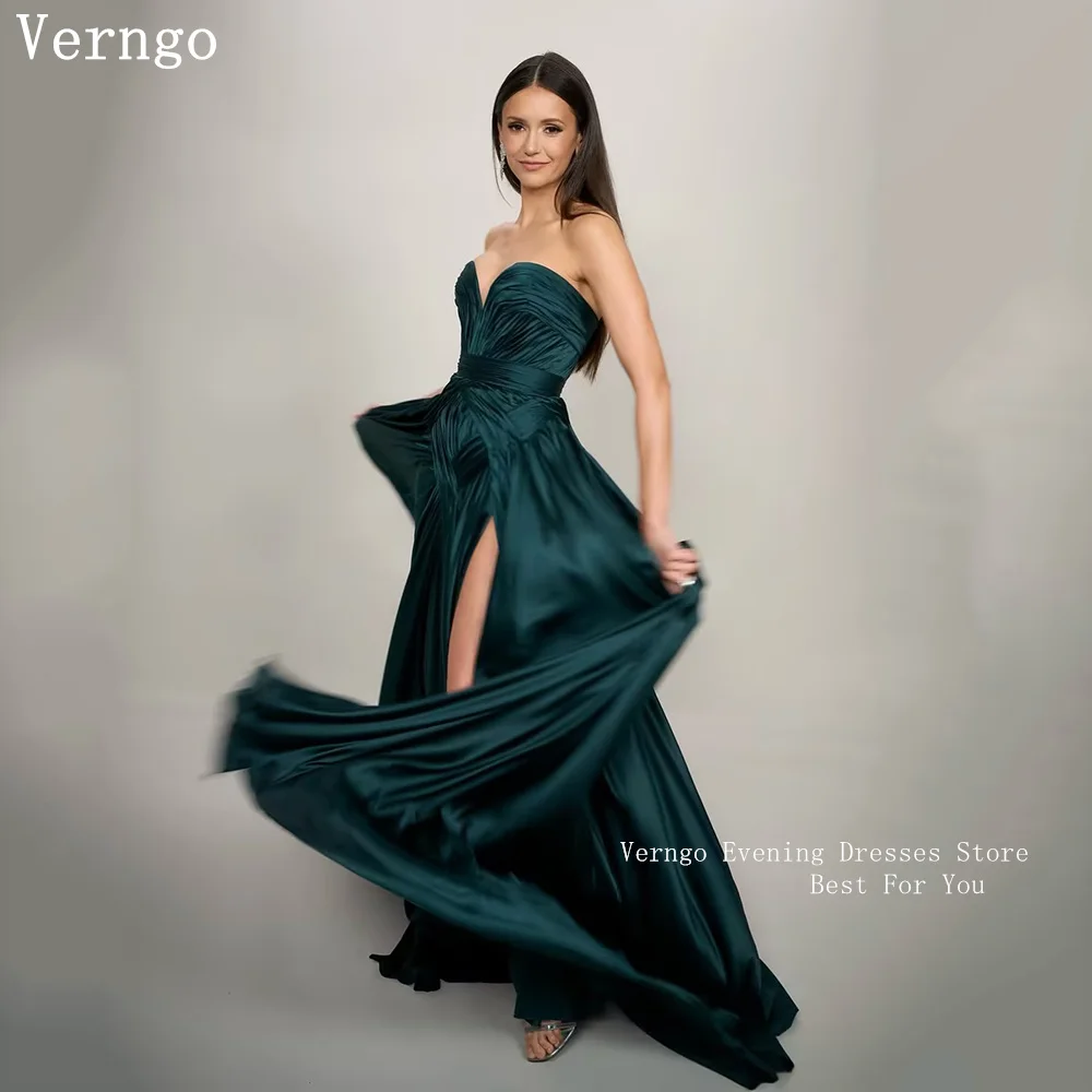 

Verngo Sexy Dark Green Evening Dresses High Slit Satin A Line Prom Dresses Ruched Elegant Party Gowns Customized