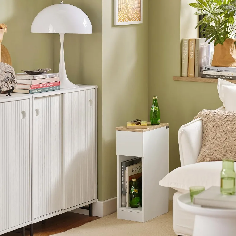 مجموعة 2 Mesita Noche Estrecha con cajón y Estante Mesa Auxiliar mesilla Noche para Dormitorio y Sala Estar Blanco Anc #2