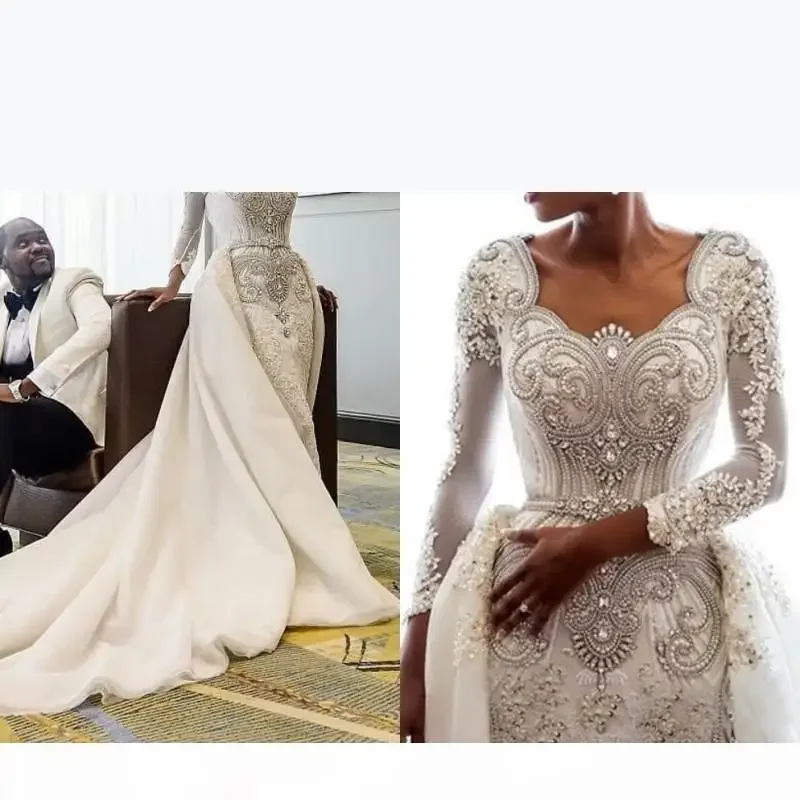 Customized African Long Sleeves Mermaid Dresses Scoop Lace Applique Beaded Crystals Over Skirts Court Train Wedding Bridal