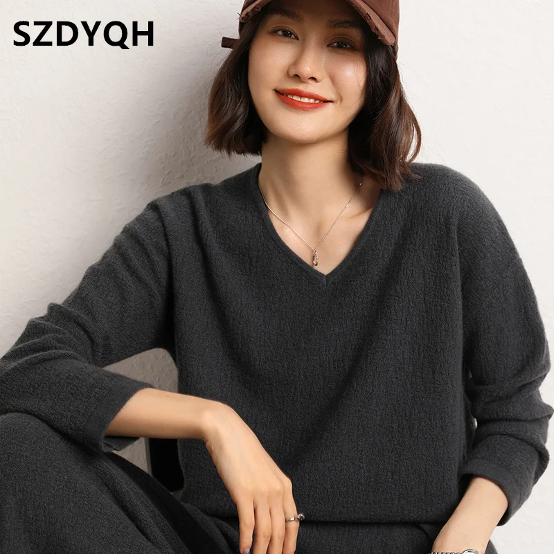 2023 Autumn Winter New 100% Cashmere Sweater Women\'s V-Neck Fashion Warm Sweaters Female Loose Large Size Knitted Pullover