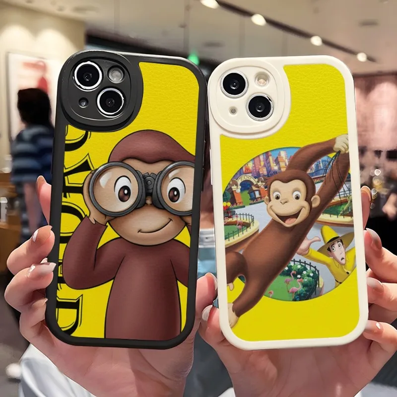 Curious George Monkey Phone Case For IPhone 14 11 13 12 Pro Max Mini Xs X Xr 7 8 Plus SE2020 Leather Silicone Texture Coque