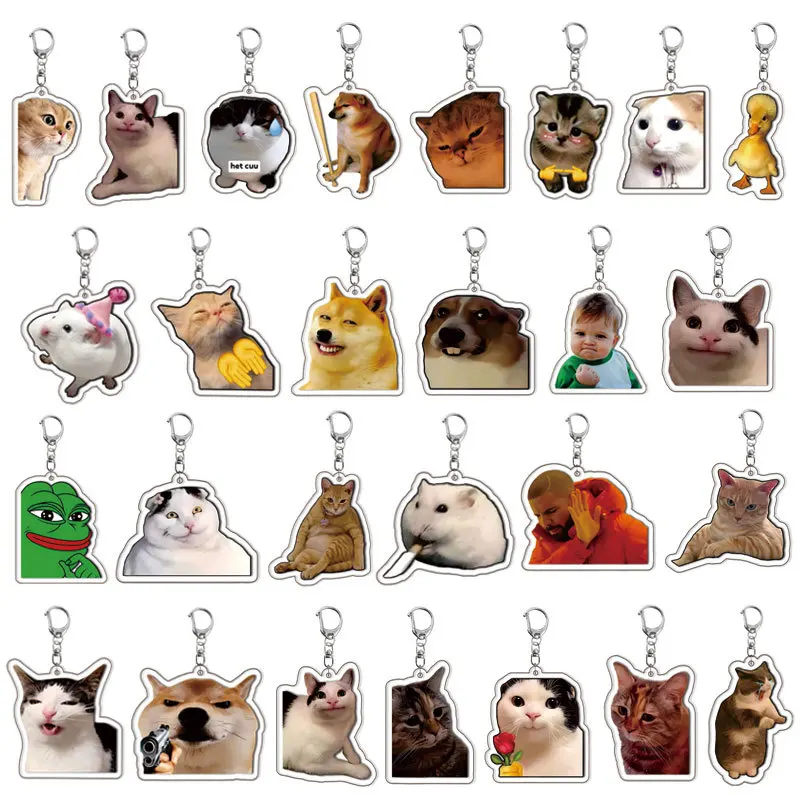 Cute and Funny Pet Acrylic Double-sided Keychain Expression Pendant Frog Dog Creative Kitten Hanging Bag Decoration